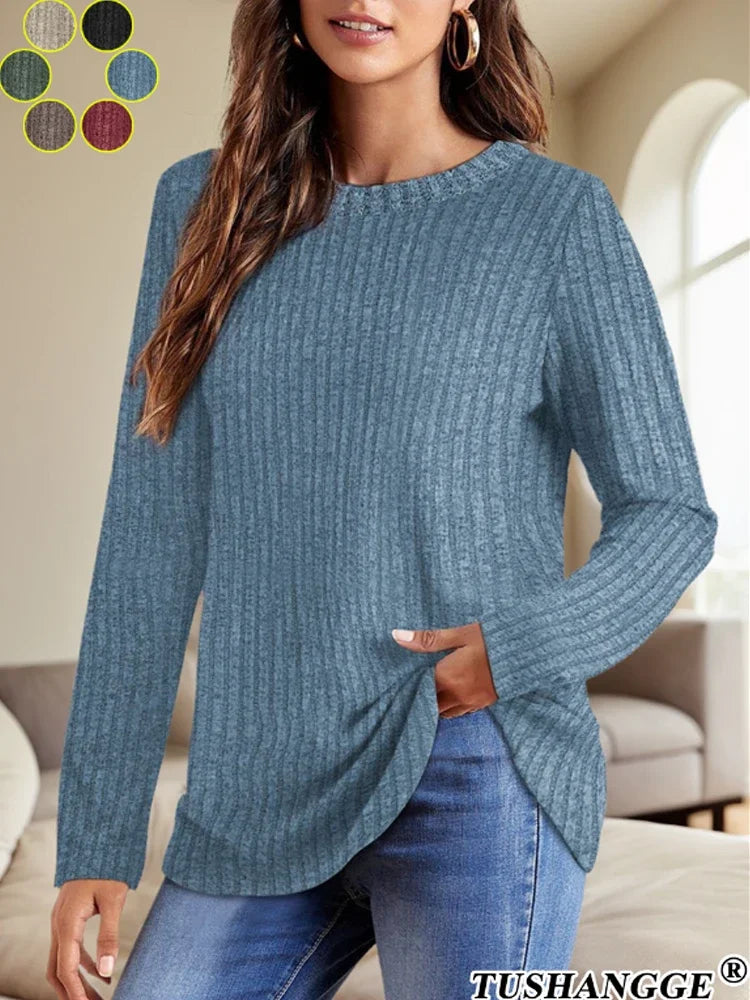 2024 Autumn Women Round Neck Long Sleeved Pit Stripe Pullovers Solid Color Lightweight Ladies Sweaters Comfortable Woman Clothes