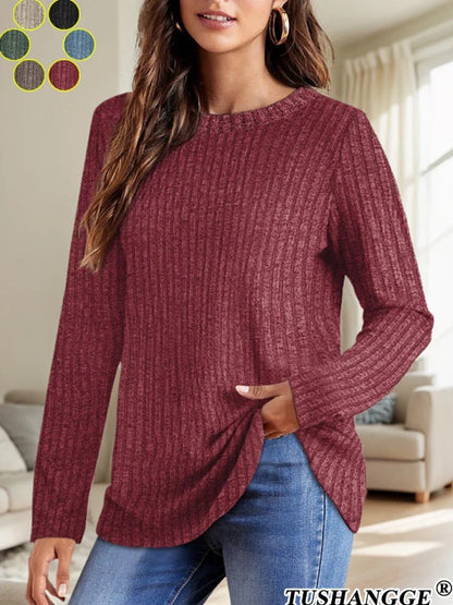 2024 Autumn Women Round Neck Long Sleeved Pit Stripe Pullovers Solid Color Lightweight Ladies Sweaters Comfortable Woman Clothes