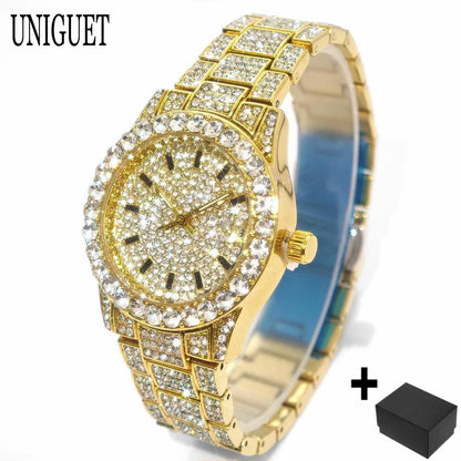 2025 Hot Fashion Gold Watches Women Luxury Stainless Steel Elegant Iced Diamond Jewelry Quartz Wristwatch Ladies Dropshipping