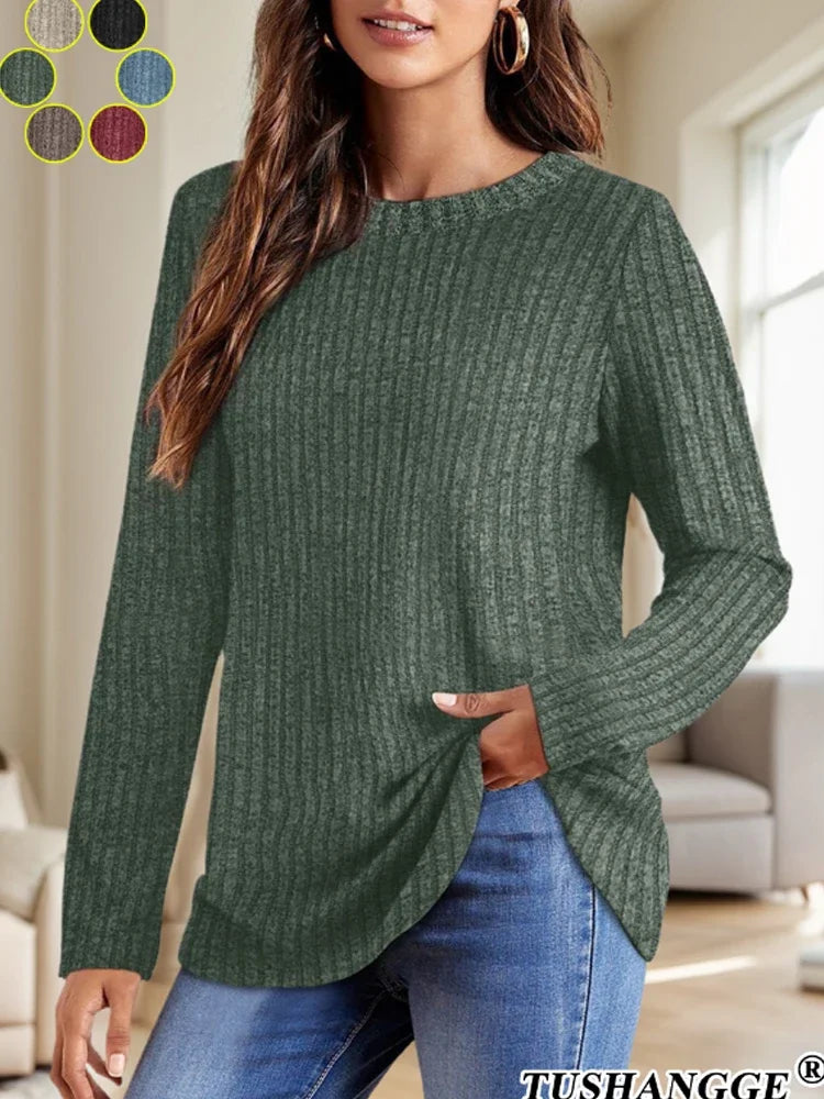 2024 Autumn Women Round Neck Long Sleeved Pit Stripe Pullovers Solid Color Lightweight Ladies Sweaters Comfortable Woman Clothes