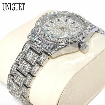 2025 Hot Fashion Gold Watches Women Luxury Stainless Steel Elegant Iced Diamond Jewelry Quartz Wristwatch Ladies Dropshipping