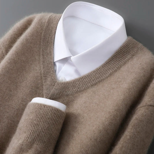 2025 Autumn Winter New Men's Wool Sweater Solid Color V-Neck Pullover Sweater Casual Loose Business Knit Plus Size Base Sweaters