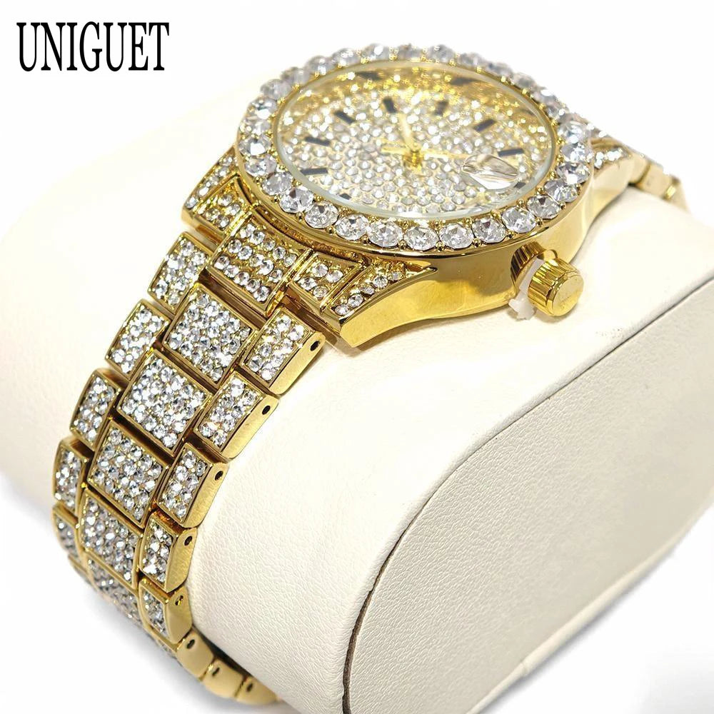 2025 Hot Fashion Gold Watches Women Luxury Stainless Steel Elegant Iced Diamond Jewelry Quartz Wristwatch Ladies Dropshipping