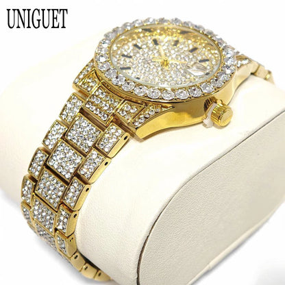 2025 Hot Fashion Gold Watches Women Luxury Stainless Steel Elegant Iced Diamond Jewelry Quartz Wristwatch Ladies Dropshipping