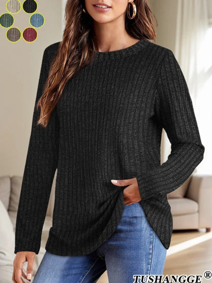 2024 Autumn Women Round Neck Long Sleeved Pit Stripe Pullovers Solid Color Lightweight Ladies Sweaters Comfortable Woman Clothes