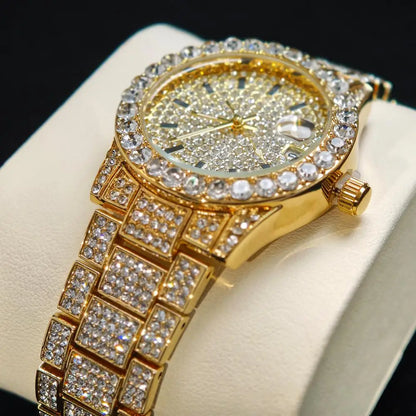 2025 Hot Fashion Gold Watches Women Luxury Stainless Steel Elegant Iced Diamond Jewelry Quartz Wristwatch Ladies Dropshipping